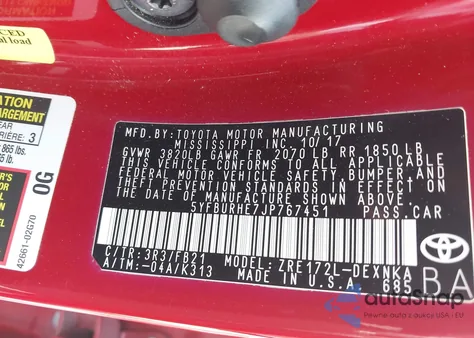 2018 Toyota Corolla Le from USA, damaged, VIN 5YFBURHE7JP767451